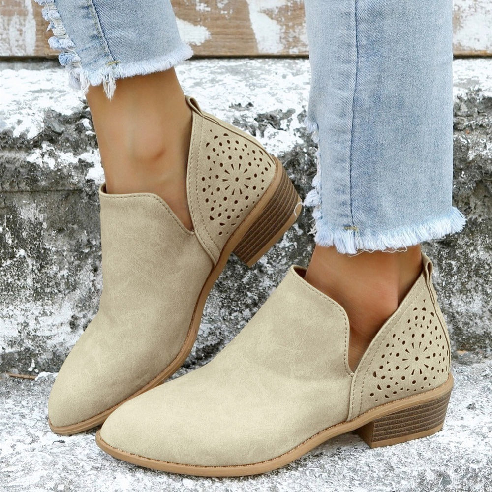 [V Cut Ankle Boots Short] Women's Ankle V Cut Short Boots, Hollow Out Chunky Heel Pointed Toe Shoes, Women's Footwear