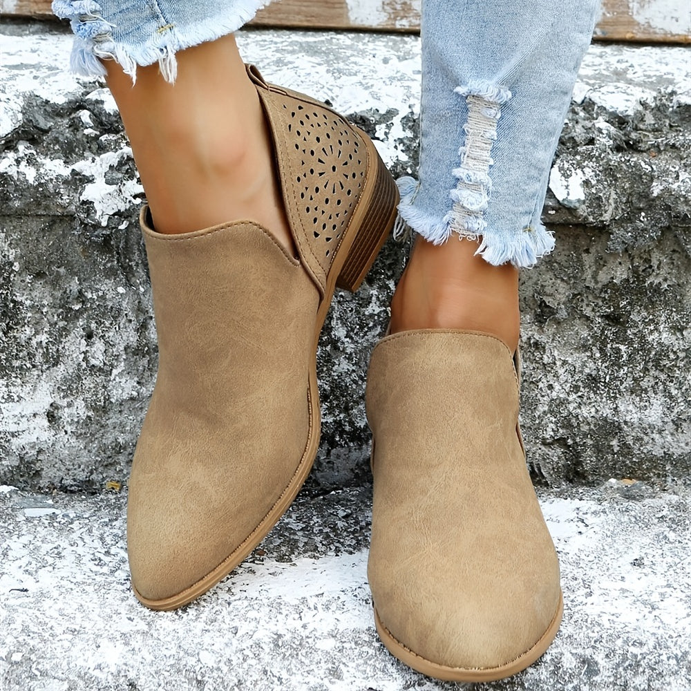 [V Cut Ankle Boots Short] Women's Ankle V Cut Short Boots, Hollow Out Chunky Heel Pointed Toe Shoes, Women's Footwear