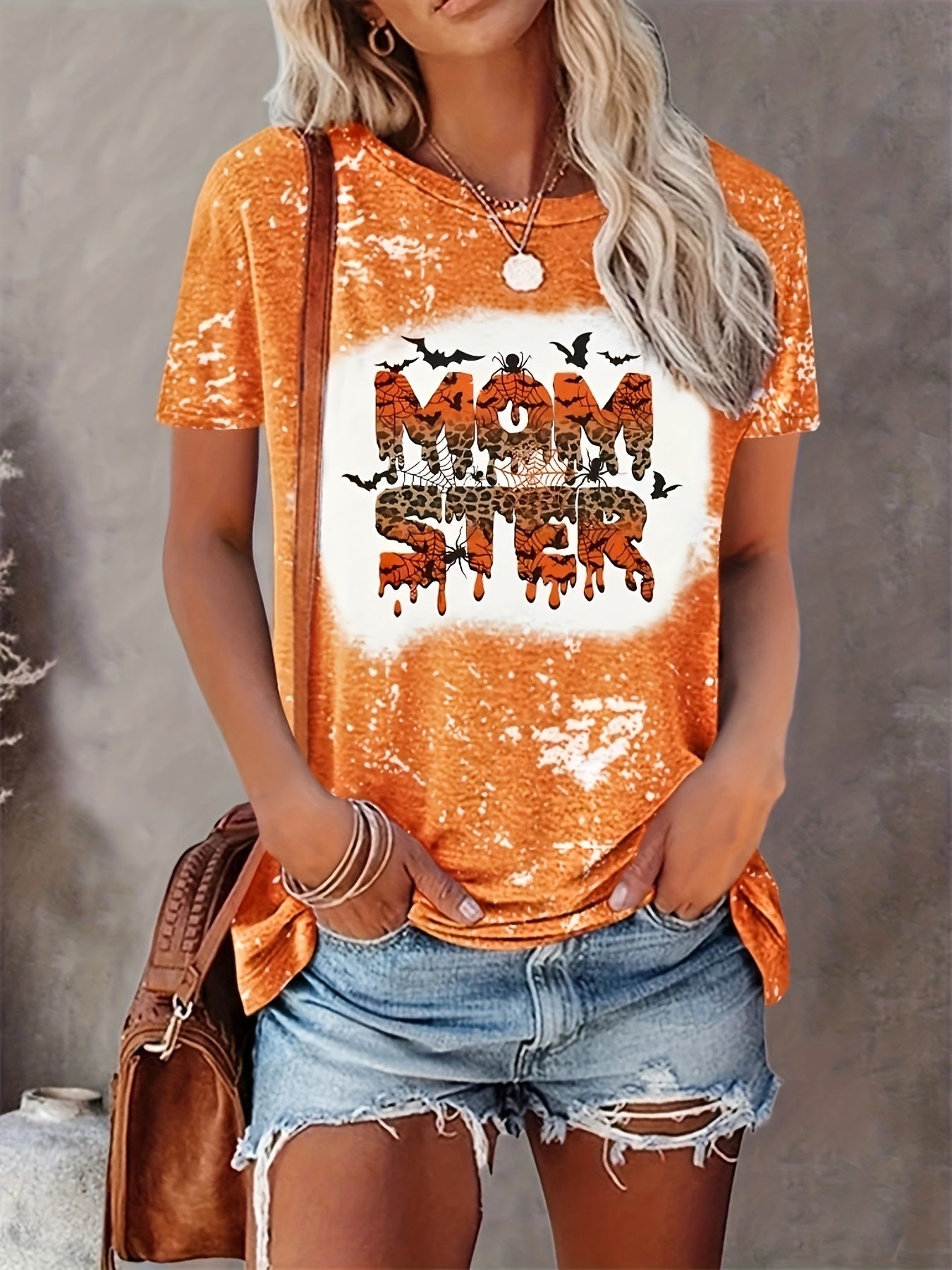 MOMSTER Print Crew Neck T-Shirt, Casual Short Sleeve Top For Spring & Summer, Women's Clothing