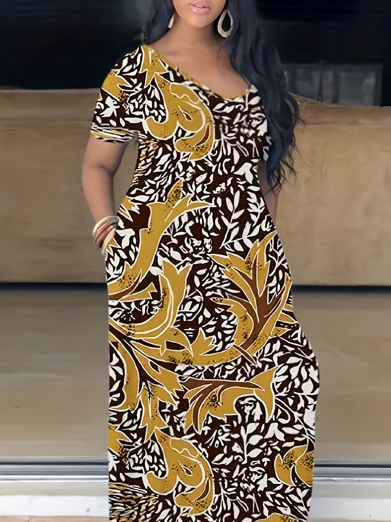 [Tie Dye Maxi Dress] Elegant Plus Size Maxi Dress | Women's Tie Dye Print Short Sleeve with Pocket, Medium Stretch Long Dress