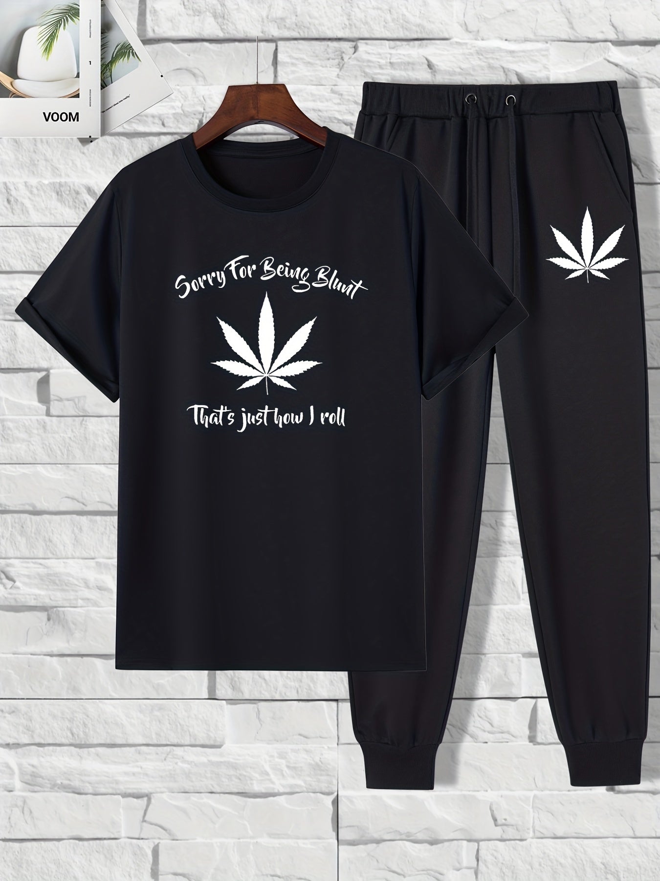 2 pieces Leaf Print Men's 2-Piece Set: Short Sleeve T-Shirt & Drawstring Trousers