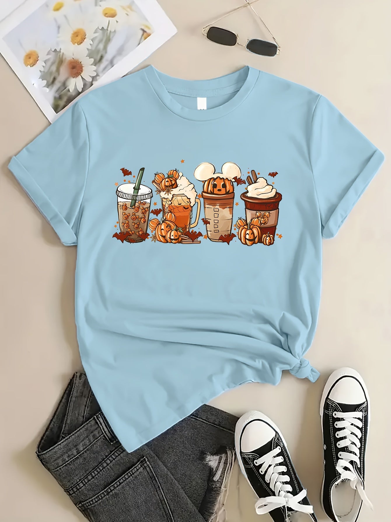 Halloween Drinking Print Summer T-shirt, Casual Short Sleeve Crew Neck Tee, Women's Clothing