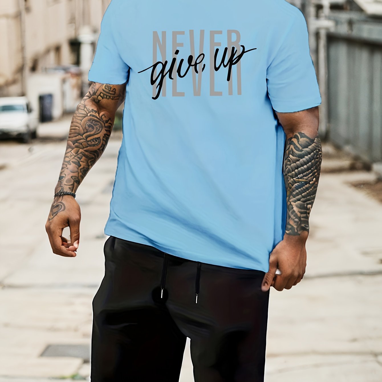 2-Piece Men's Fashion Graphic Loungewear Set - Short Sleeve Crew Neck T-Shirt, Drawstring Shorts with Pockets, Soft, Breathable, Casual Pajama Outfit for Men, NEVER GIVE UP Letter Print Design, Ideal for Relaxation and Leisur