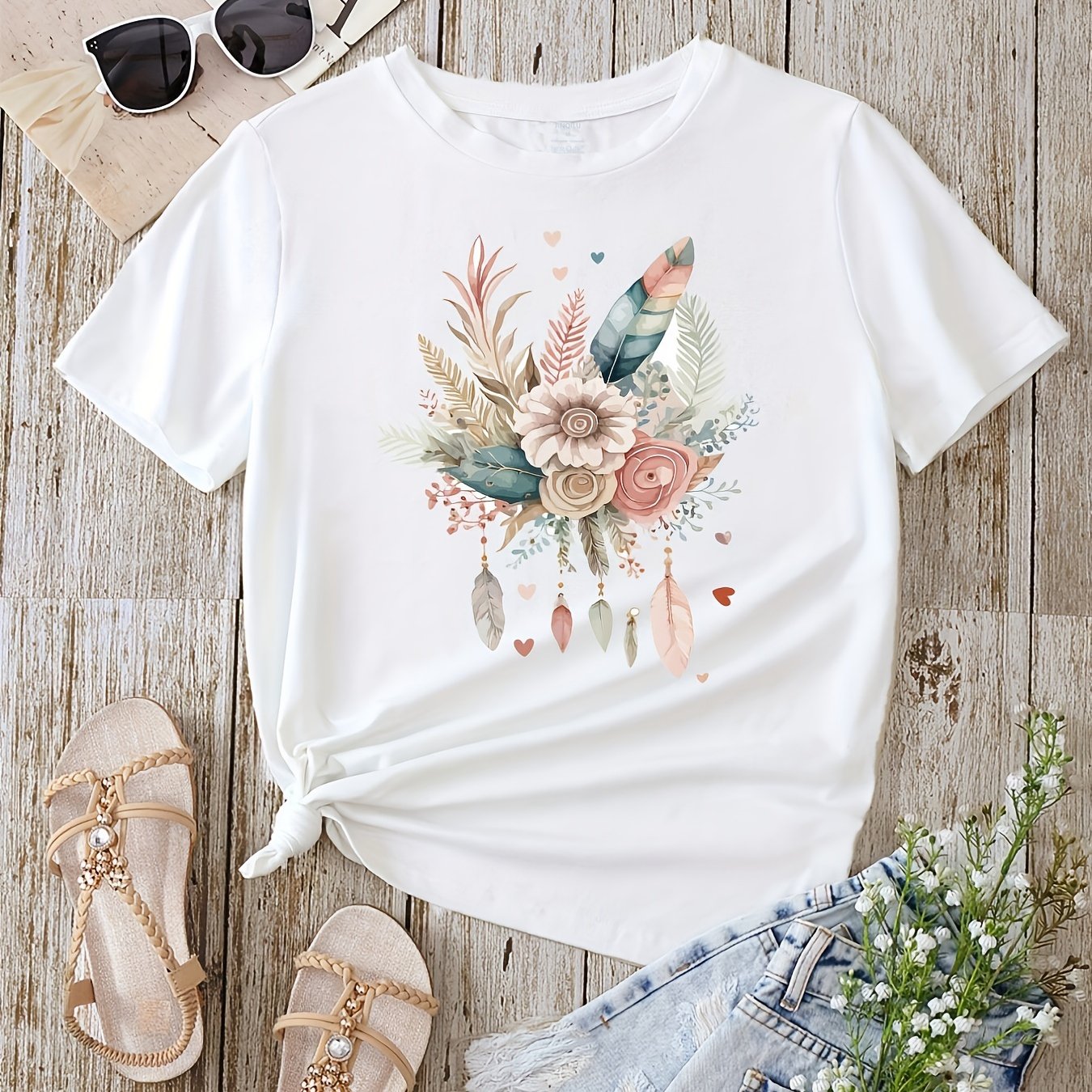 Flower & Feather Print T-shirt, Casual Short Sleeve Crew Neck T-shirt For Spring & Summer, Women's Clothing