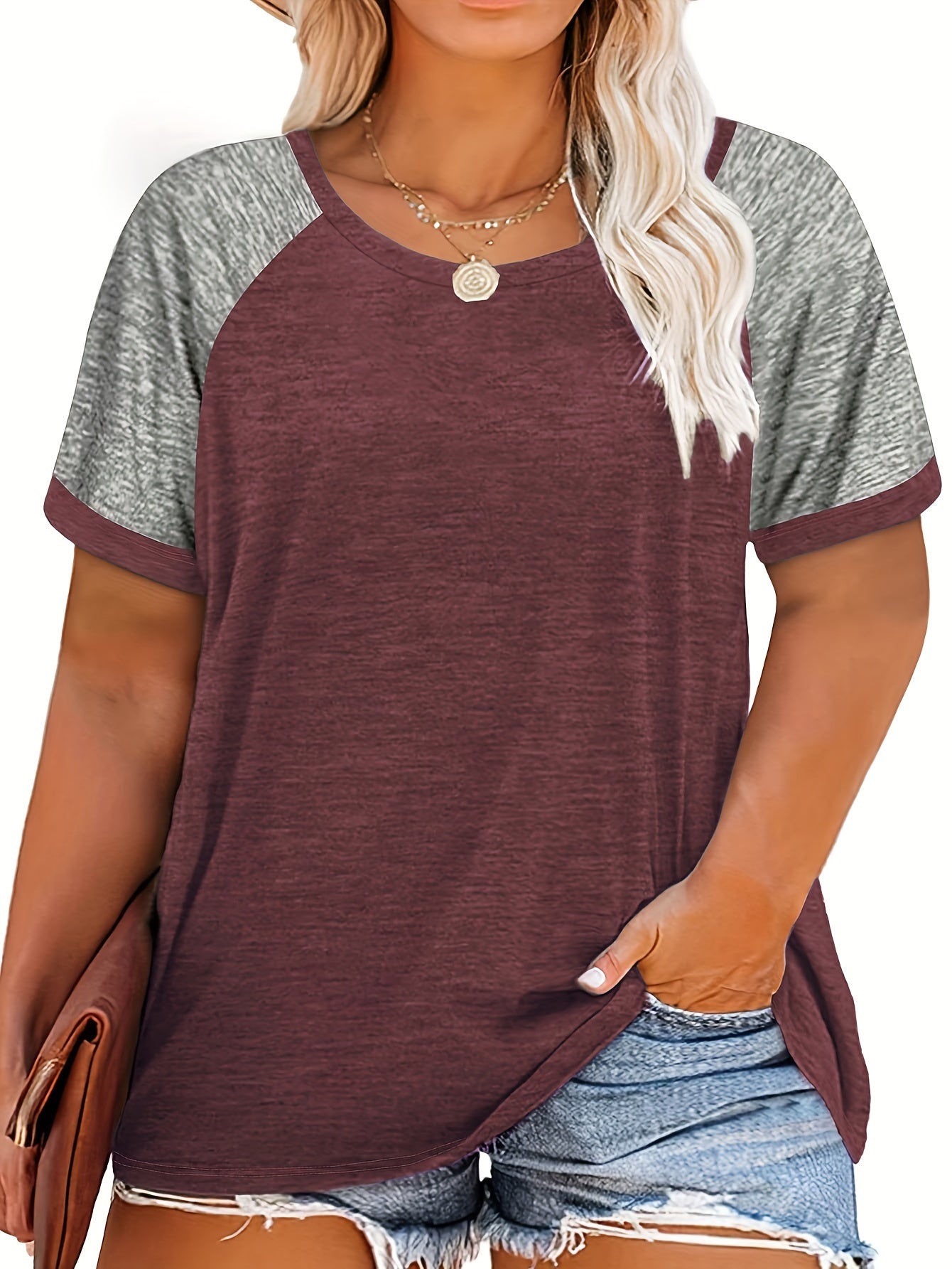 [Plus Size Slight Stretch T-shirt] Plus Size Casual T-shirt, Women's Plus Colorblock Short Sleeve Round Neck Slight Stretch T-shirt